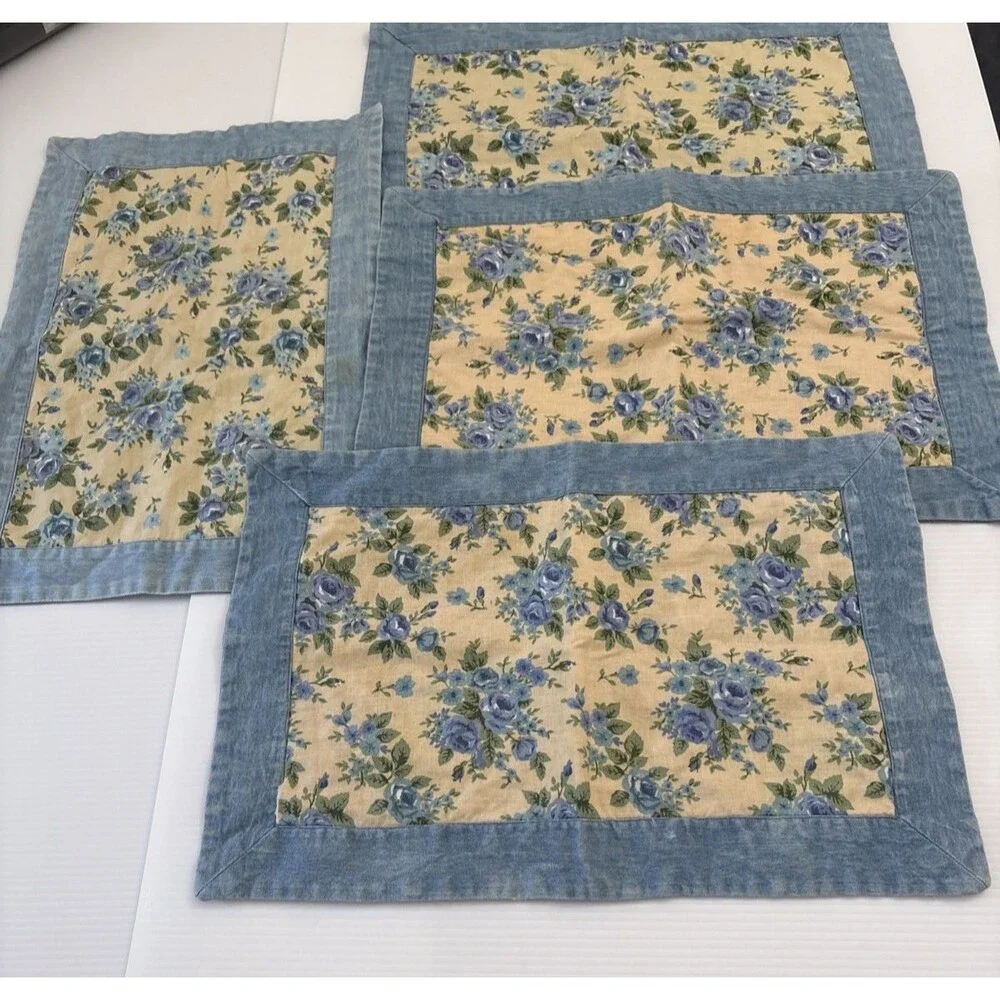 Placemats Set of Four Blue, Yellow and Green With Flowers